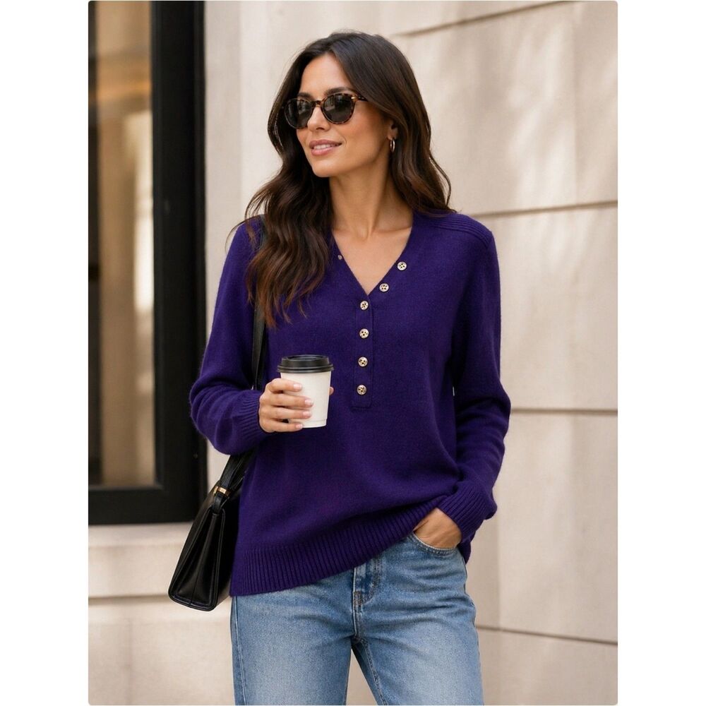 Tory Burch Sweater Size L Purple Wool Blend Gold Button Logo V Neck